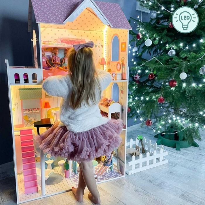 Domek dla Lalek XXL Drewniany z Tarasem i Światłem LED