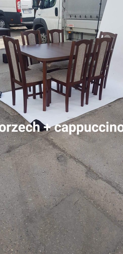 Nowe: Stół rozkładany + 6 krzeseł,  orzech + cappucino,  dostawa PL