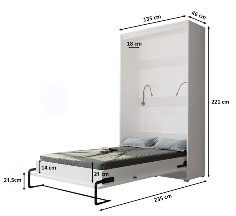 Łóżko w szafie kolor biały z oświetleniem Led i materacem GRATIS