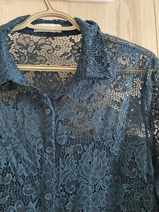 M&S Per una 44 damska bluzka długi rekaw ażurowa koronka turkus