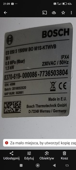 Bojler podgrzewacz wody Bosch ES 050