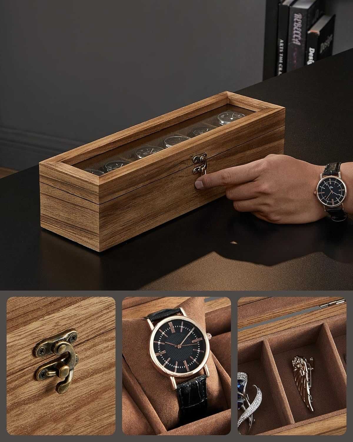 pudełko na zegarki z litego drewna, organizer ze szklaną pokrywką