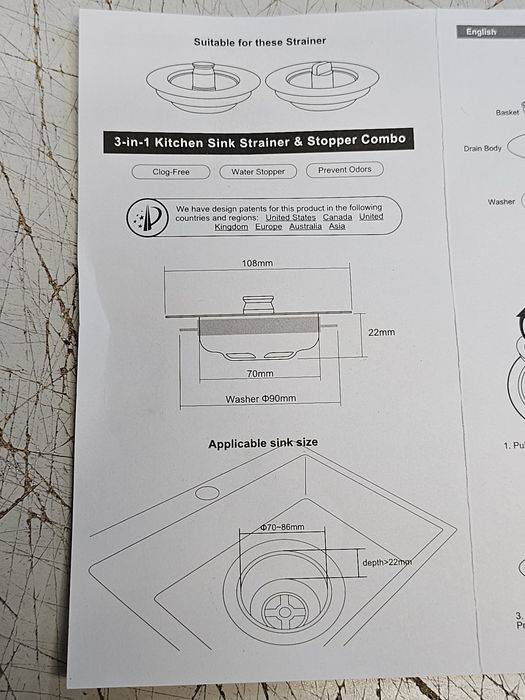 Syfon korek sitko do zlewu i umywalki 3w1, 2 sztuki