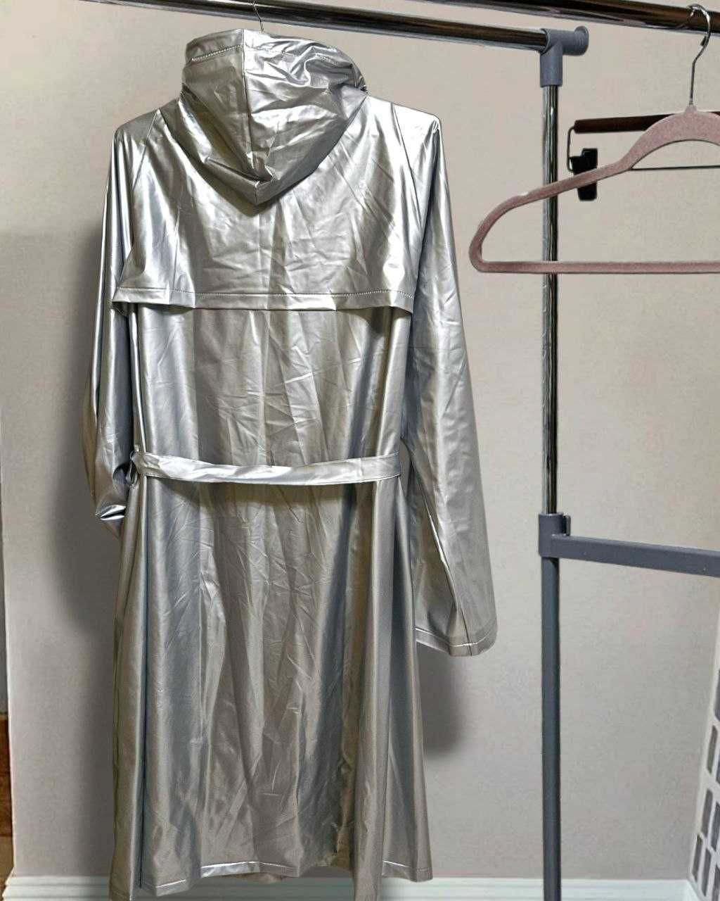 Серебристый дождевик-плащ из пвх с капюшоном, One Size