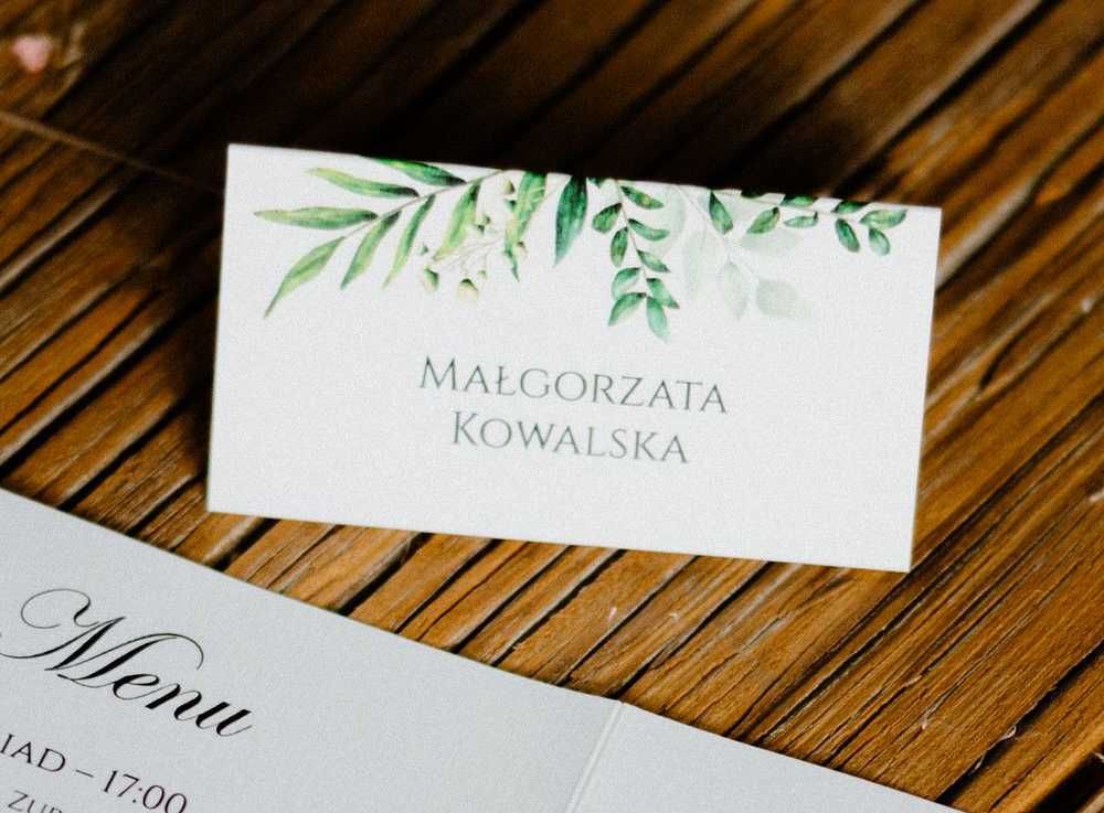 winietki na stół weselny - zielone liście boho