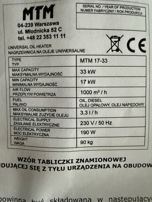 MTM Nagrzewnica Piec na olej uniwersalny 17-33 KW