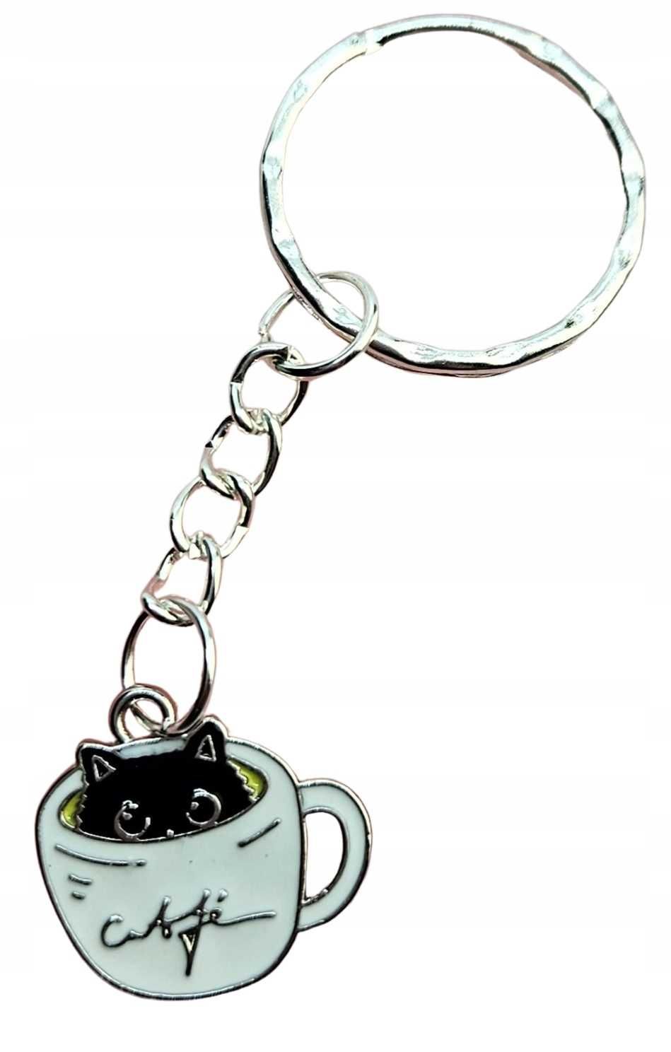 Brelok z kotem breloczek do kluczy z kotem i kubkiem kawy srebrny