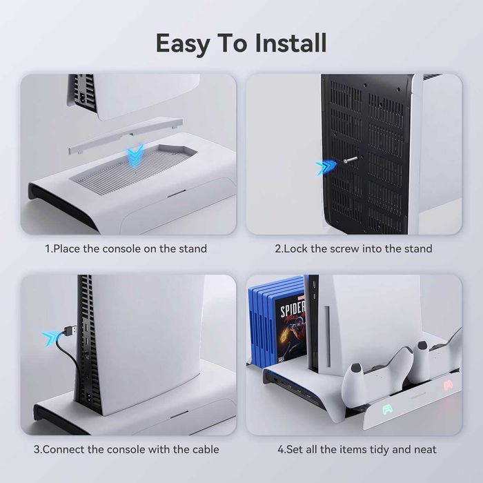 Stojak z wentylatorem chłodzącym i stacją ładującą pady konsoli PS5