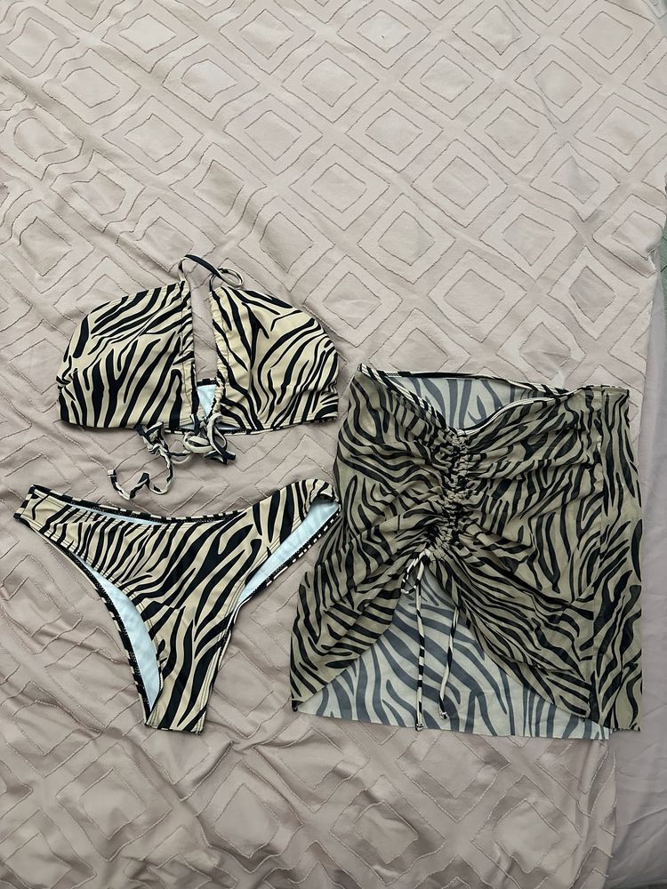 Купальник L-XL трійка плавки бікіні ліф юбка кофейний колір зебра