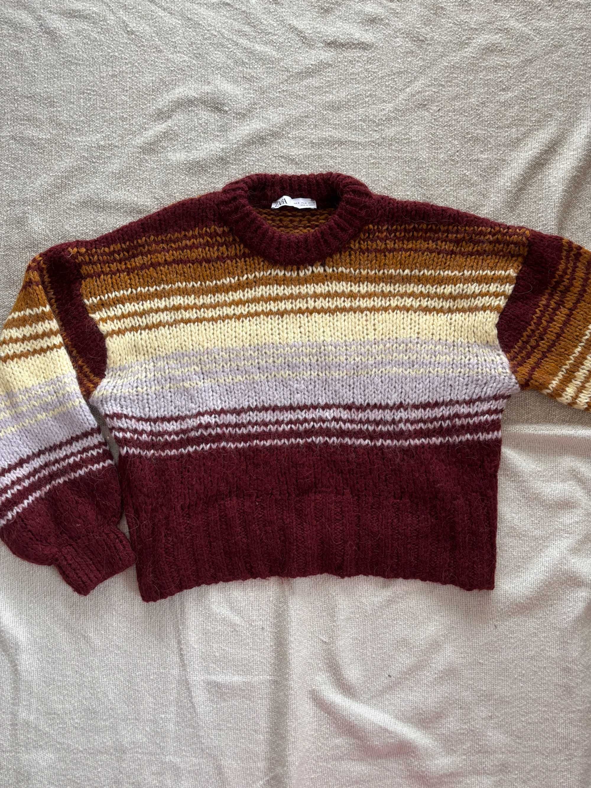 Sweter wełniany oversize Zara S bordowy paski
