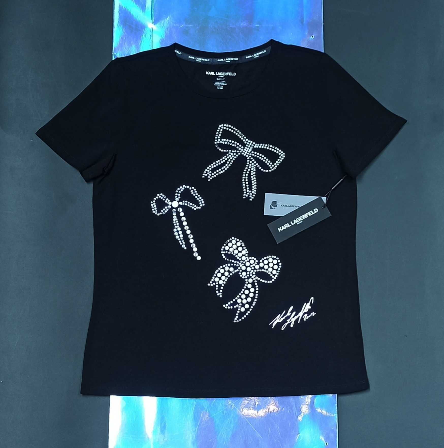 KARL LAGERFELD Oryginalna Koszulka T-Shirt Diamenciki Perełki Kokarda