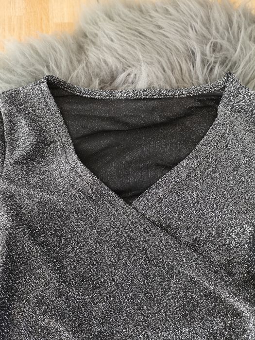 Nowe body damskie srebrne brokatowe kopertowy dekolt xs s 34 36