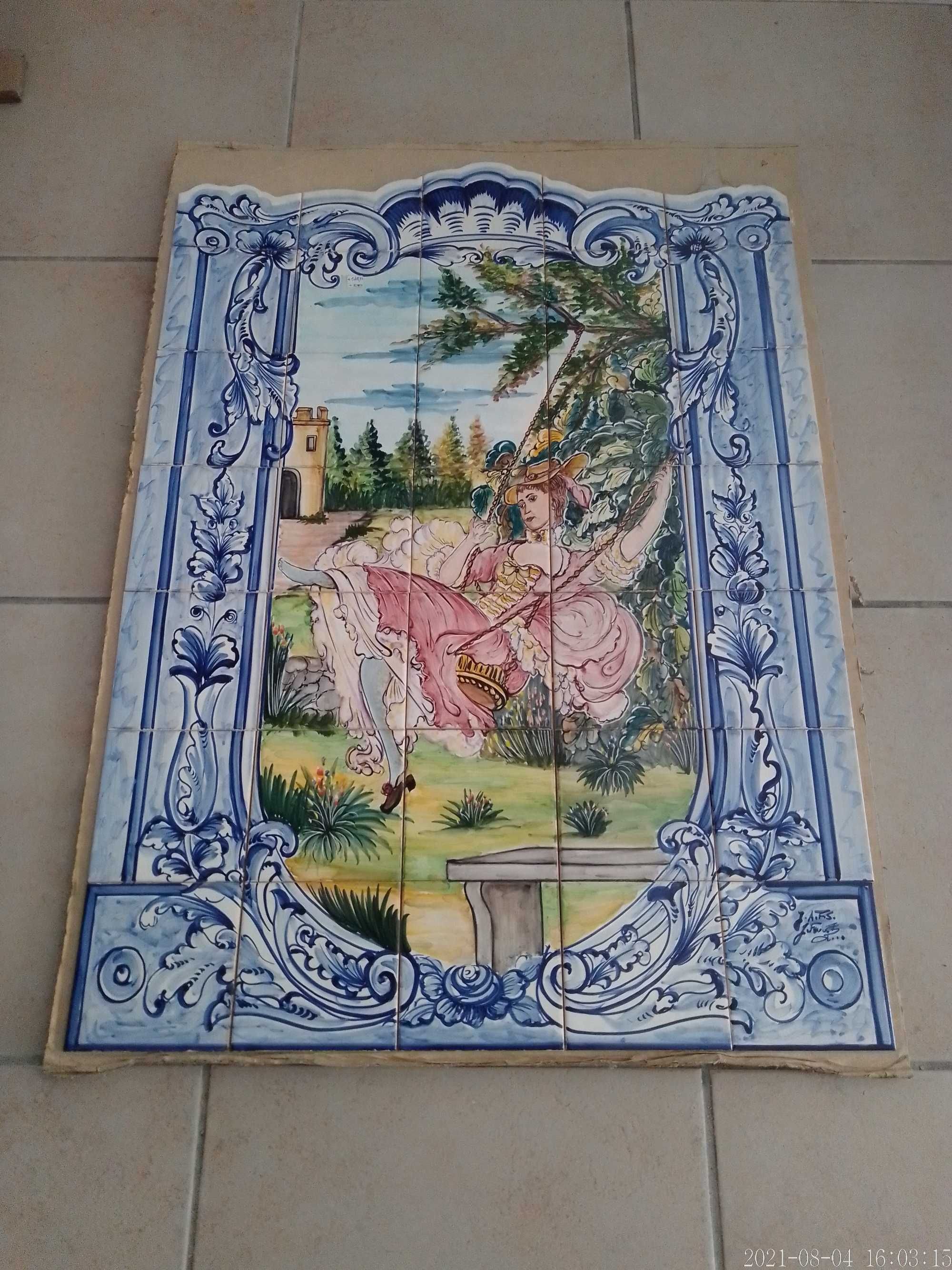 Painel de Azulejos Dama Antiga Baloiço Imagem Quadro 105x75cm Castelo