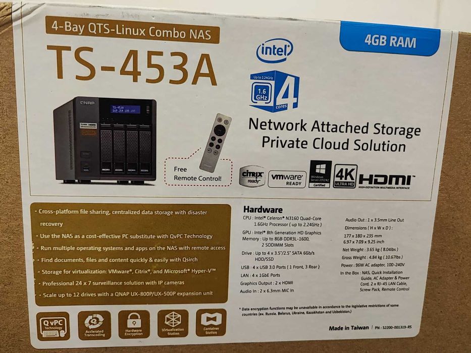 Serwer plików QNAP TS-453A, NAS, Intel CPU, 16GB RAM, 4x3TB WD, Pilot