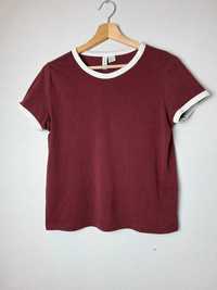 Bordowa koszulka damska t-shirt z krótkim rękawem bawełna H&M M