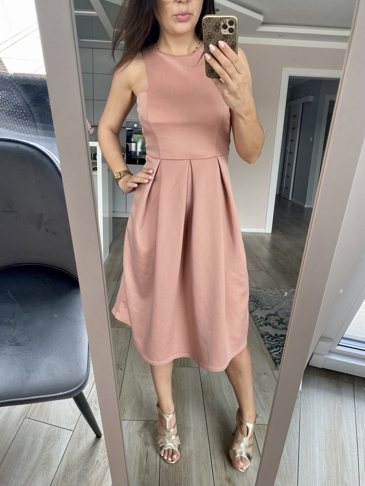 Asos sukienka rozkloszowana nude elegancka 36 S midi