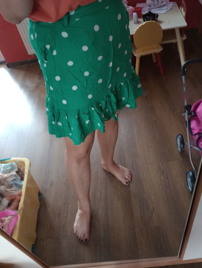 Bawełniana zielona spódnica w Białe kropki gumka w pasie h&m