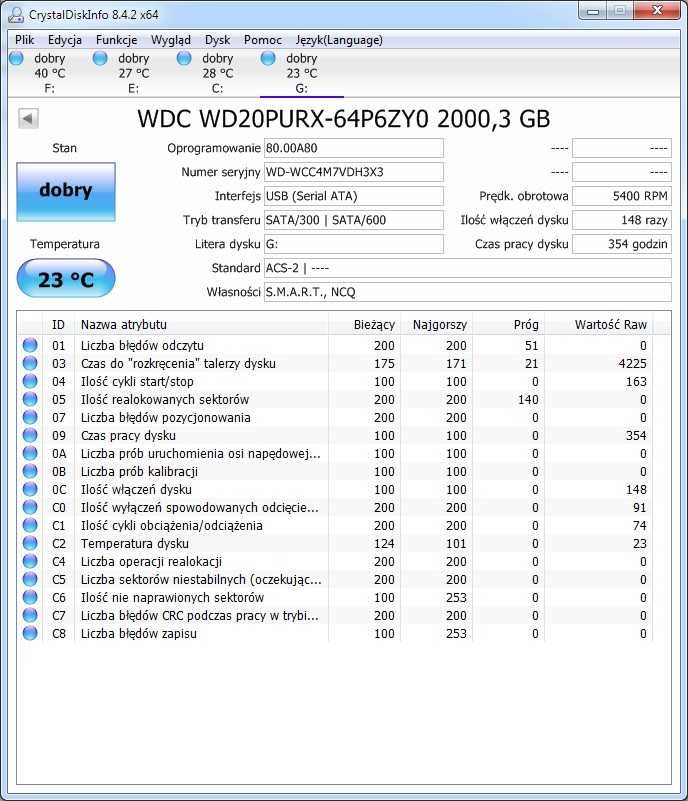 Dysk 2TB WD20PURX SATA mało używany (354)