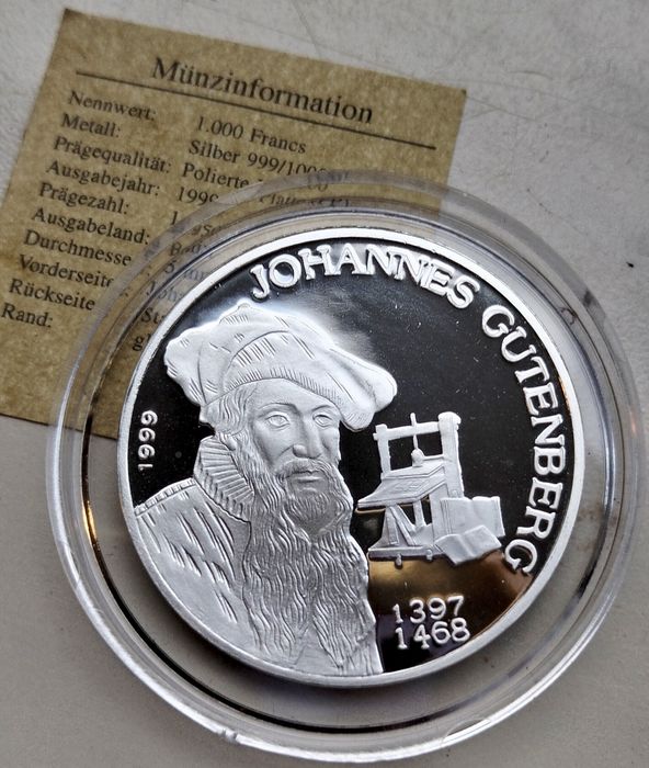 Benin 1000 Franków 1999 r J. Gutenberg srebro 999