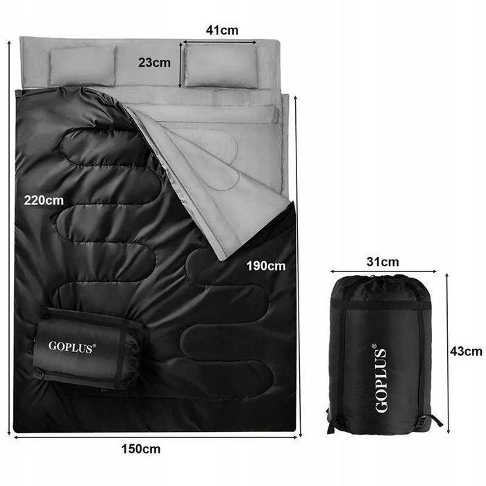 OKAZJA! Ciepły Śpiwór Turystyczny DUŻY Dwuosobowy Podwójny + Poduszki