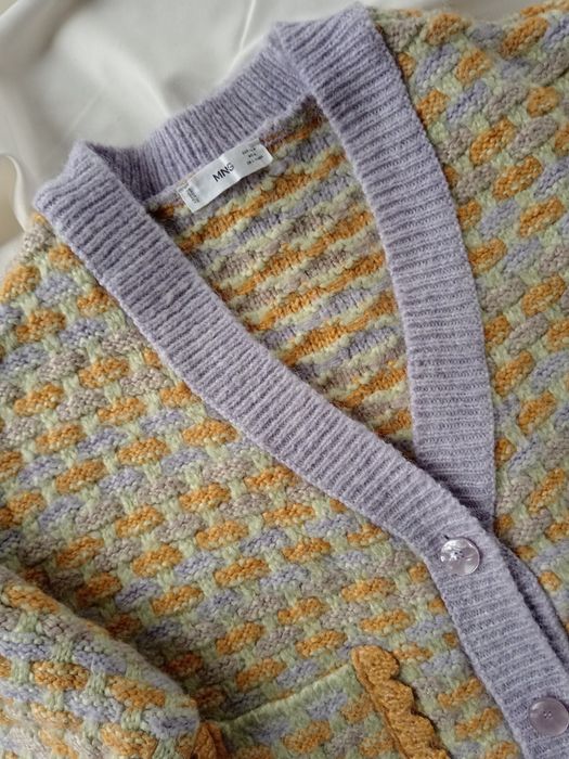 В'язаний кардиган з фіолетово-жовтим візерунком, розмір 46/48, Mangо