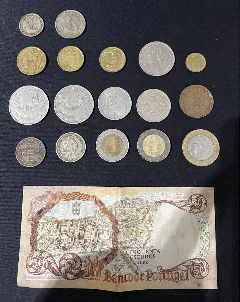 Lote de nota e moedas escudos