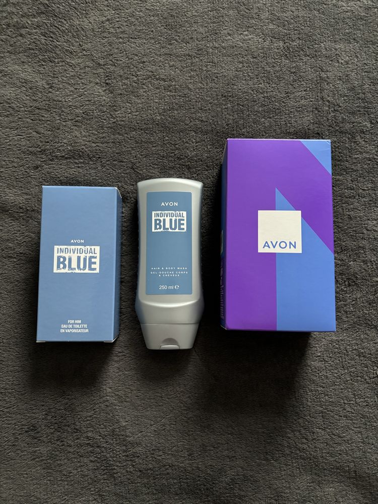 Dwa zestwy meskie Avon perfumy Individual Blue plus żel pod prysznic