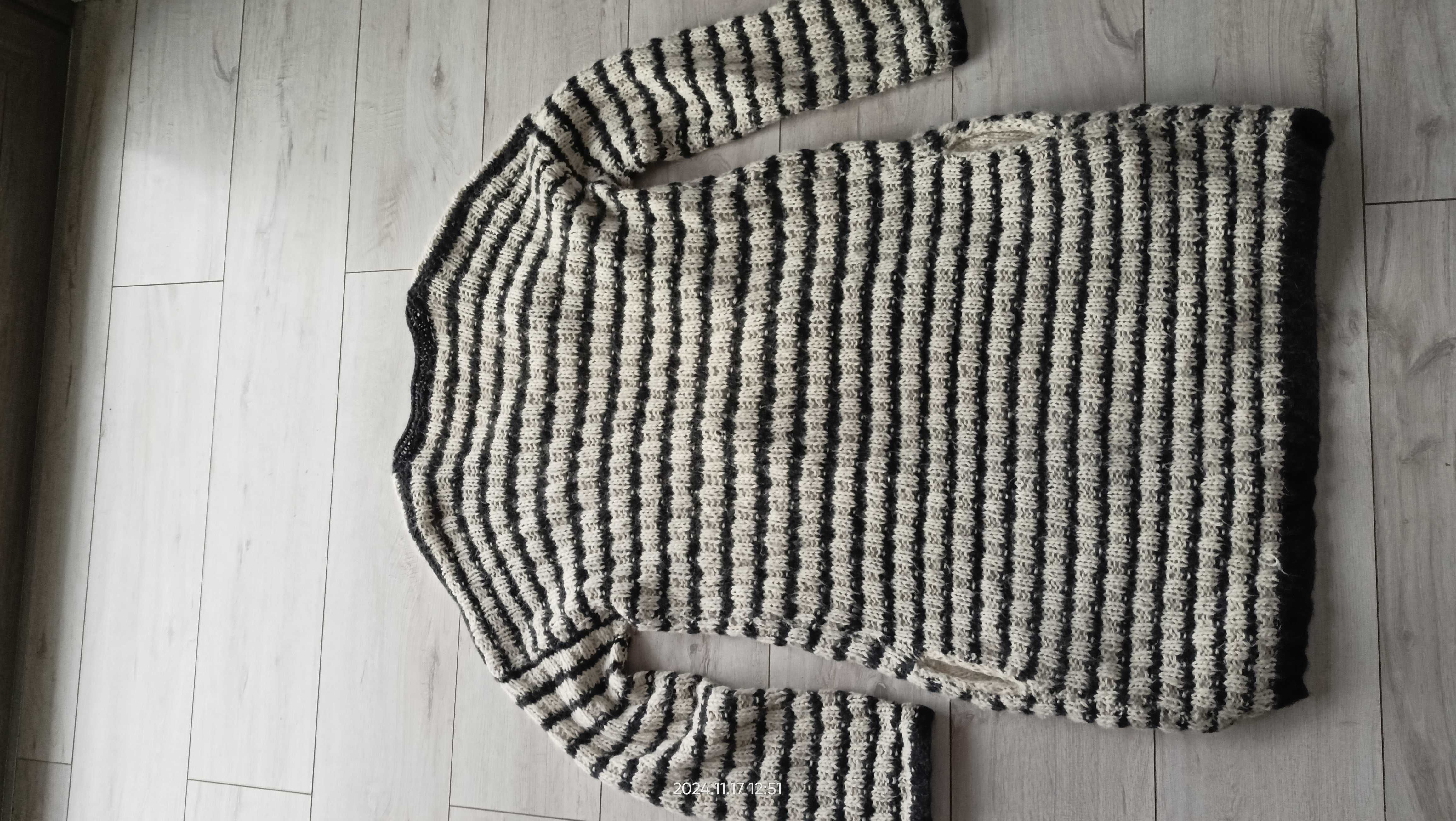 Sweter kardigan norweski wełna długi kieszenie handmade XL/XXL 1złwys