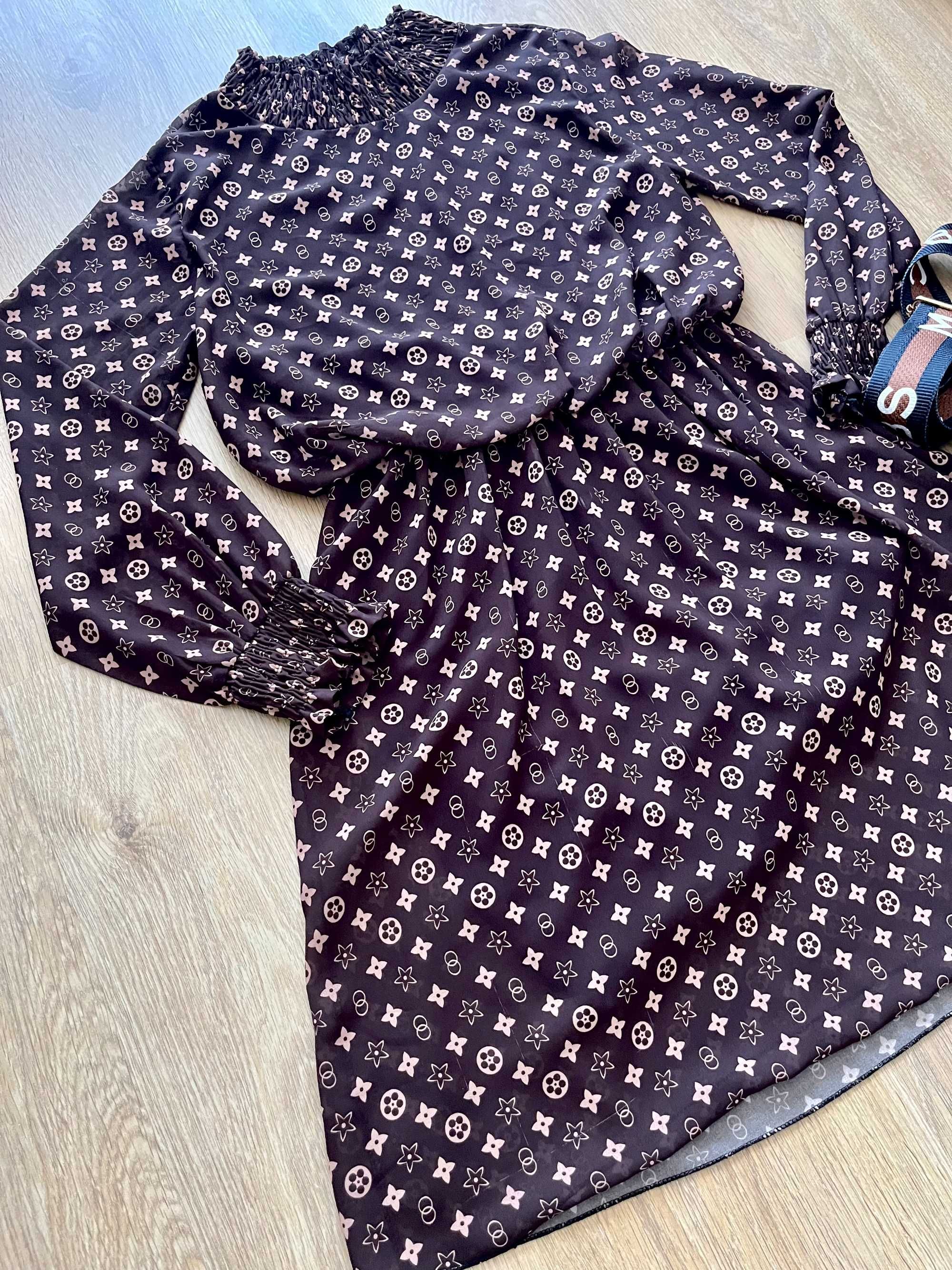 Sukienka długi rękaw luźna taliowana print wzorki brązowa butik casual