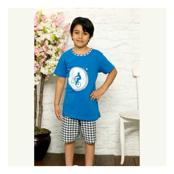 Niebieska piżama dla chłopca z rowerem krótka