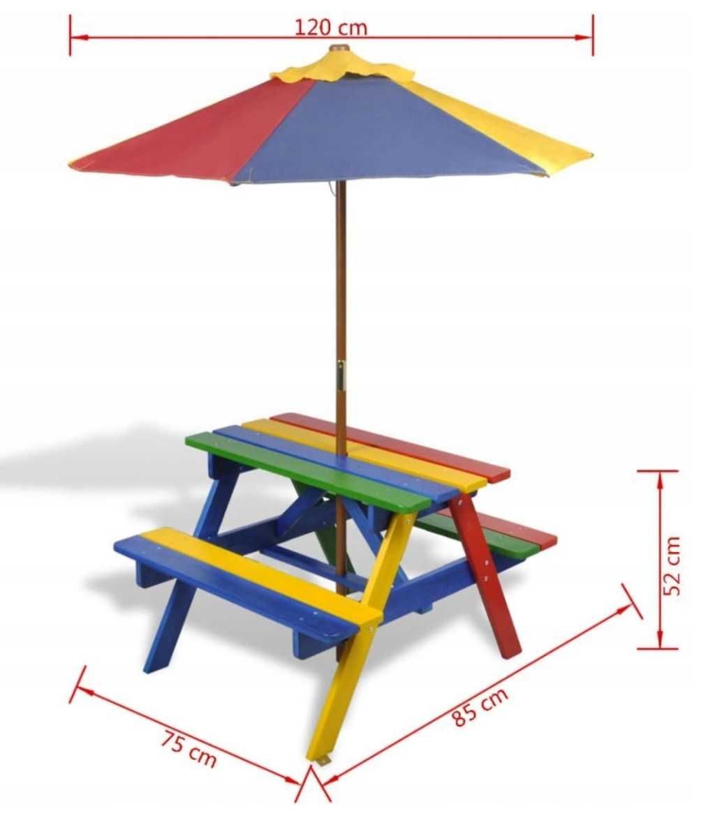Dla dzieci do ogrodu kolorowa ławeczka ze stolikiem i parasolem