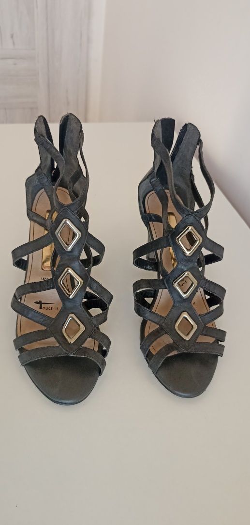 Tamaris genuine leather high heeled sandals with gold ornaments EU 37