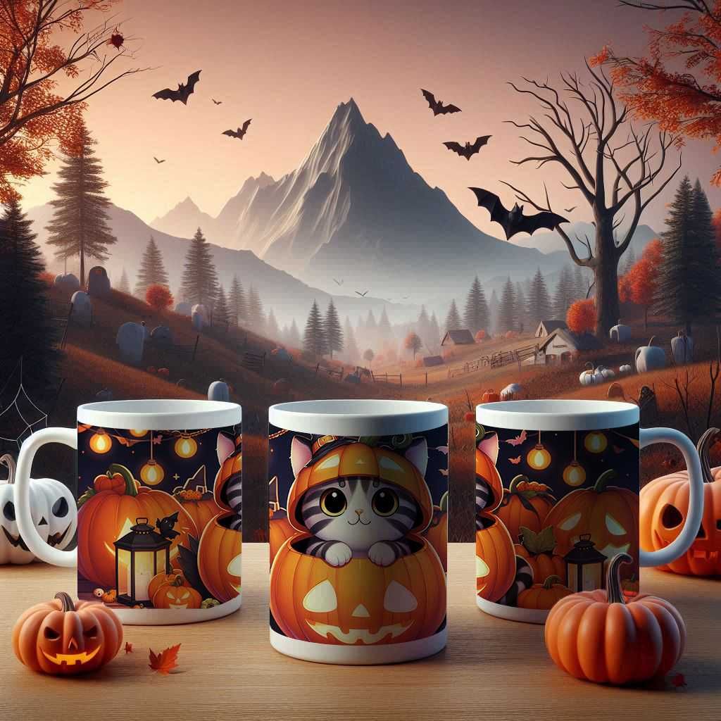 Kubek Halloween słodki kotek w dyni