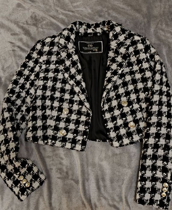 Укорочений піджак жакет в стилі олд мані. Твід (розмір XS-S)