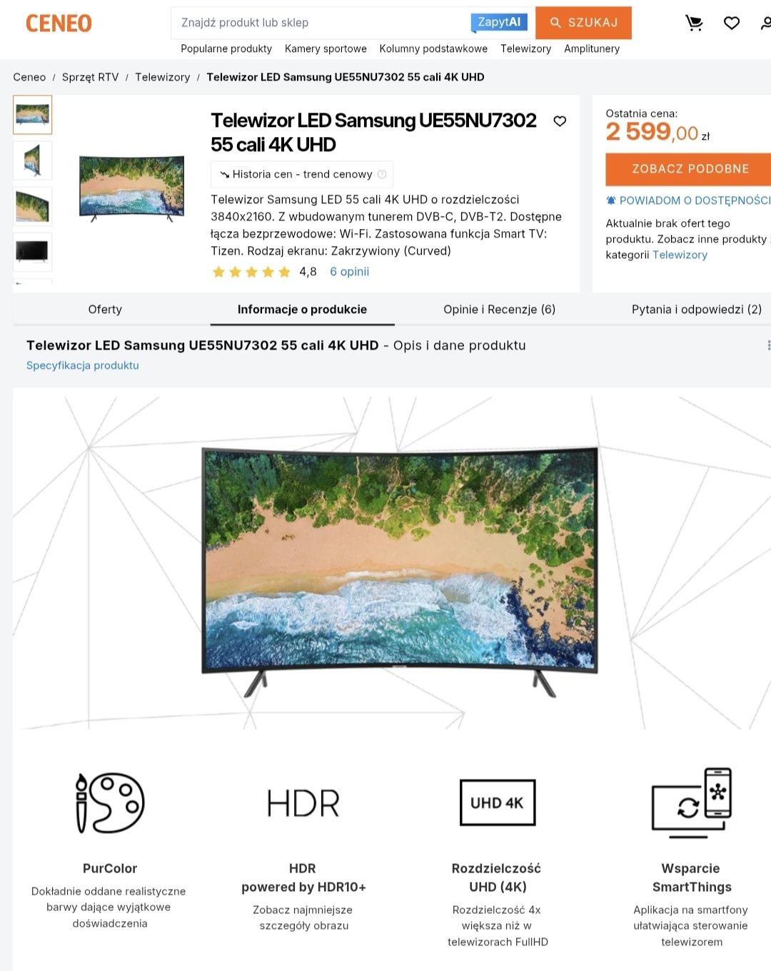 Ultra HD 4K telewizor Samsung UE55NU7302K / Wi-Fi / Smart TV
