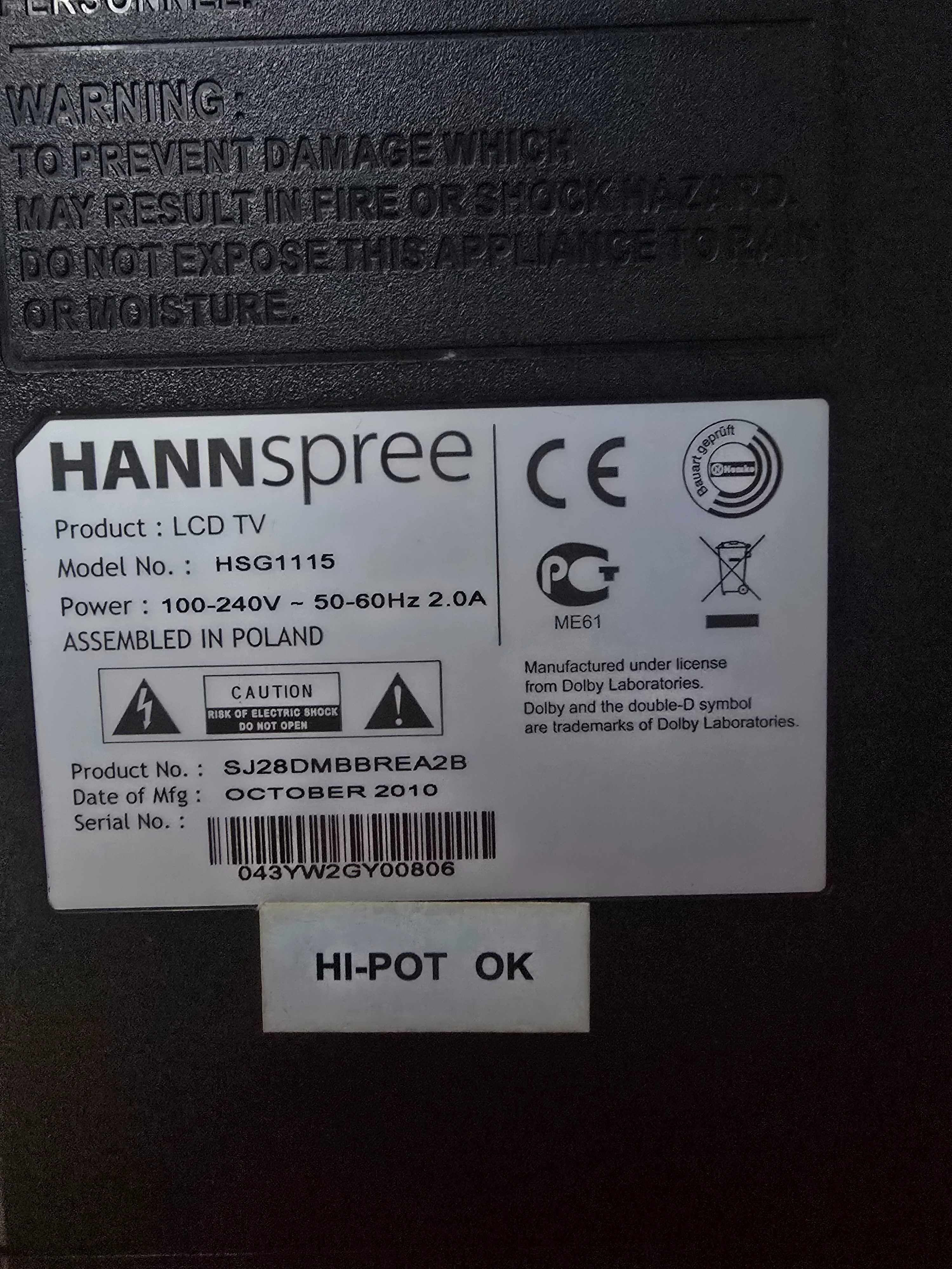Tv LCD HANNSPREE sj28dmbb 28'Pol 2 Mao Como Nova