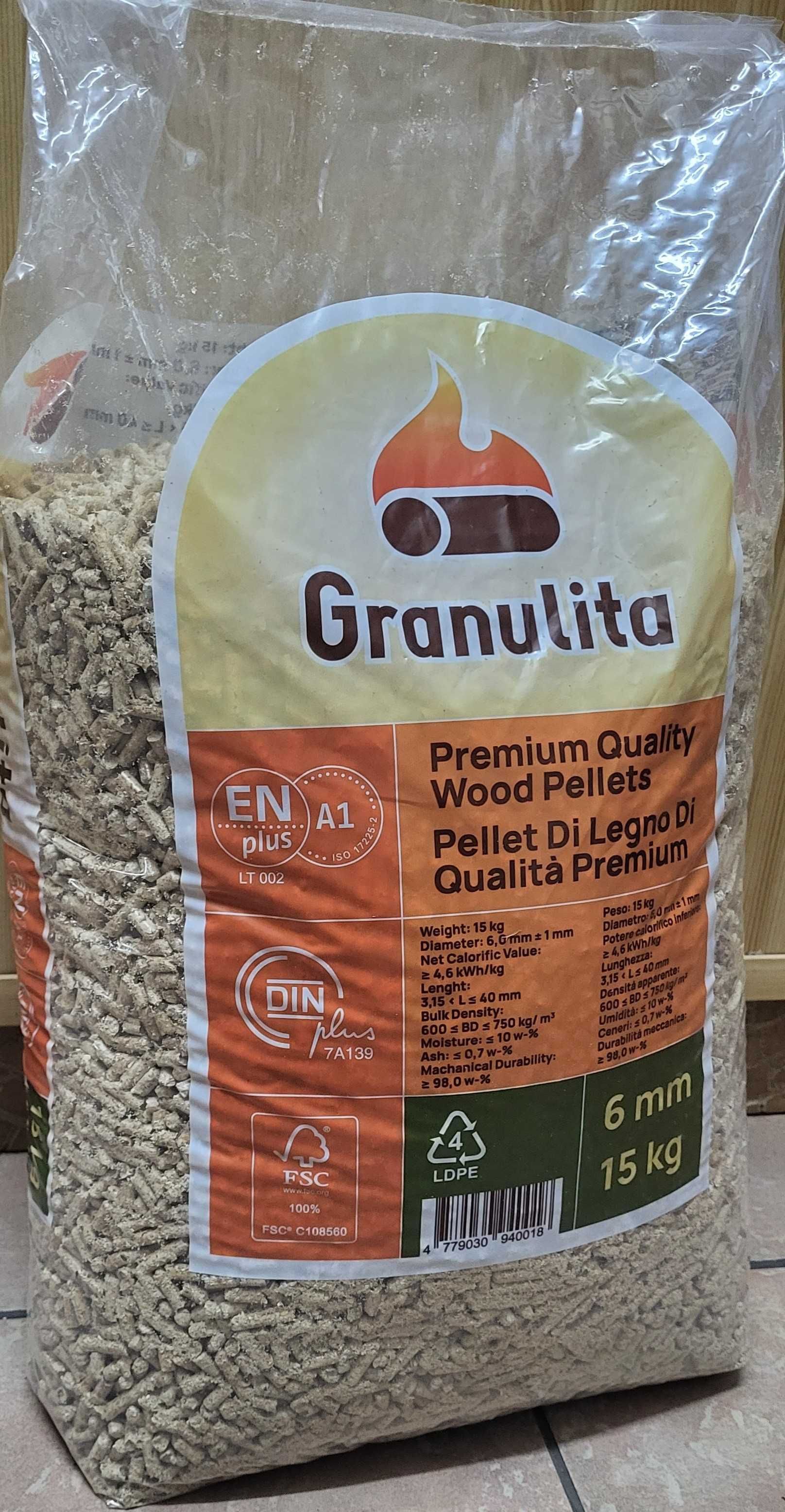 Pellet drzewny Granulita, certyfikowany  EN Plus A1, Din plus , FSC