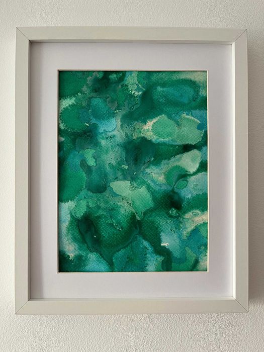 Pintura abstrata em acrílico em tons de verde e azul