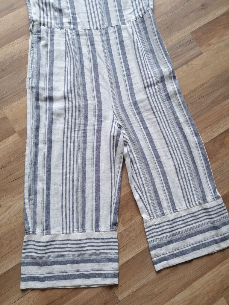 Kombinezon lniany kremowy w paski XXL plus size kuloty len wiskoza 46