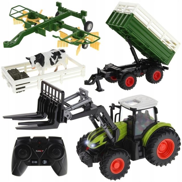 Traktor Sterowany Duży Zestaw Farmera Przyczepa Zgrabiarka Krowa