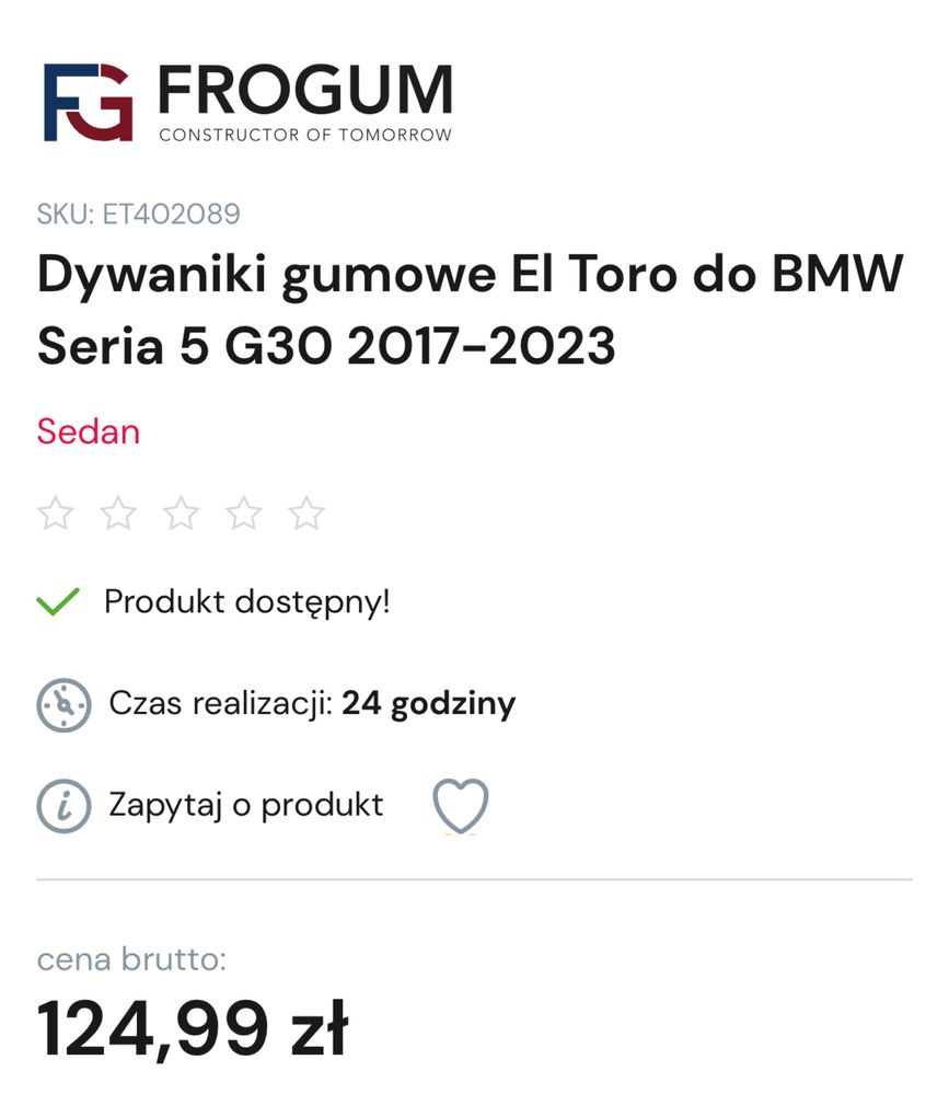 Dywaniki gumowe El Toro do BMW Seria 5 G30 od 2017r do 2023r