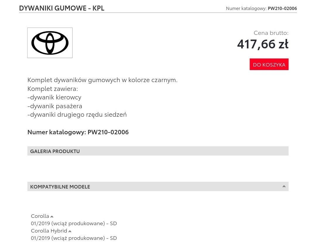 Nowe Oryginalne Dywaniki gumowe Toyota Corolla obecna generacja