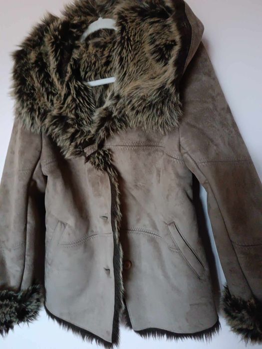 Płaszcz futro futerko ecru brązowe vintage retro boho L 40