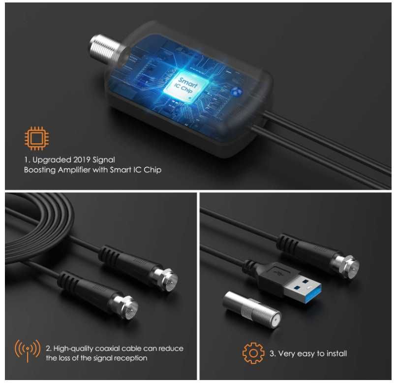 Bqeel antenna telewizyjna wewnętrzna DVB-T2 HEVC Full HD 4K kabel 4,4m