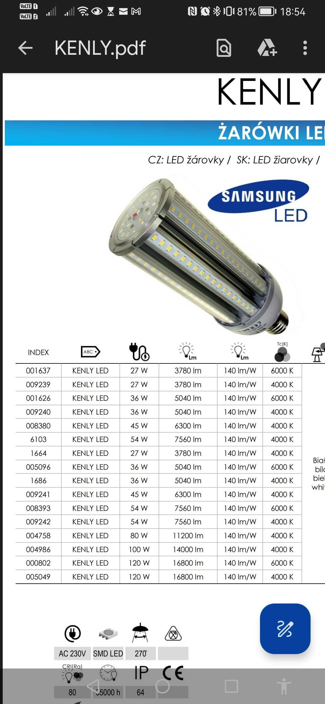 Żarówka LED kenly E27 54W Samsung nowa