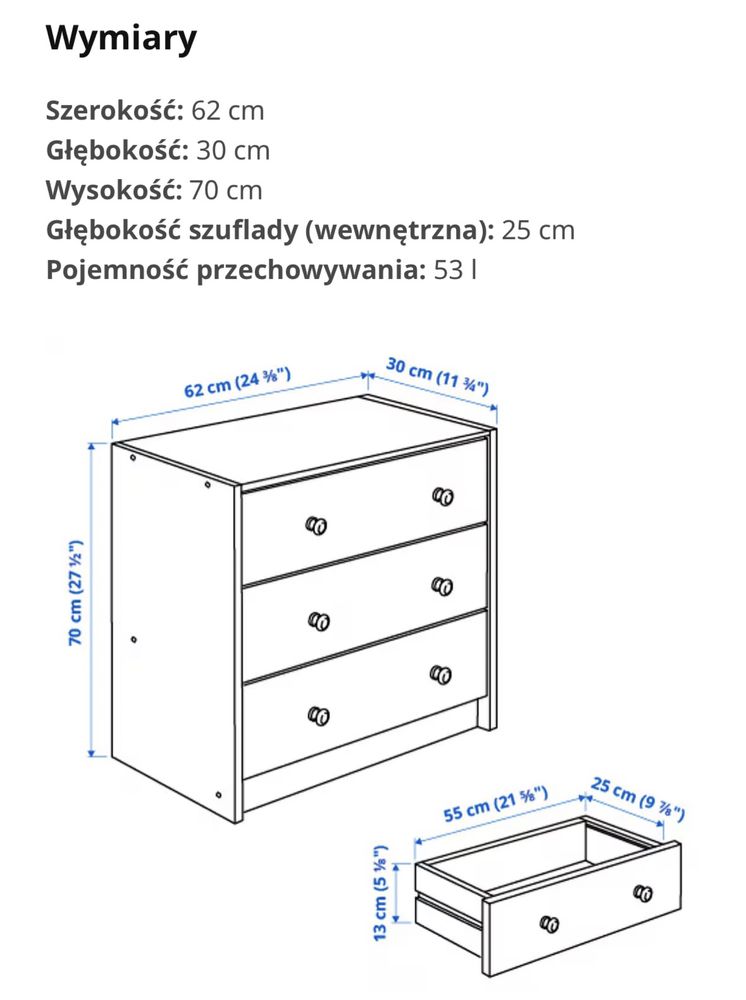 IKEA RAST Komoda drewniana  3 szuflady, sosna, 62x70 cm