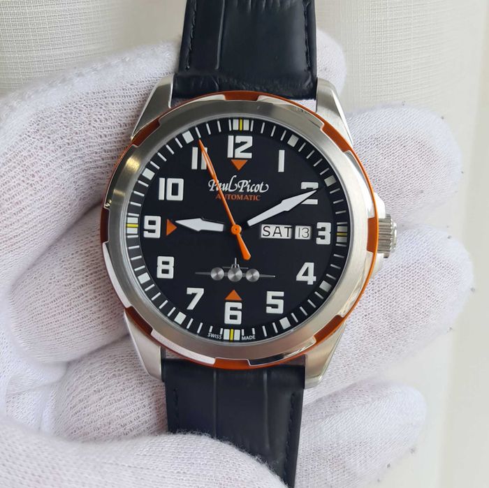 Чоловічий годинник Paul Picot Pilot 42mm Black-Orange Automatic новий