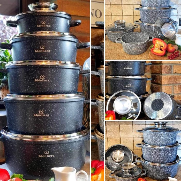 Duży zestaw garnków.10el. marmurkowe. Czarne. Gaz.indukcja. piekarnik