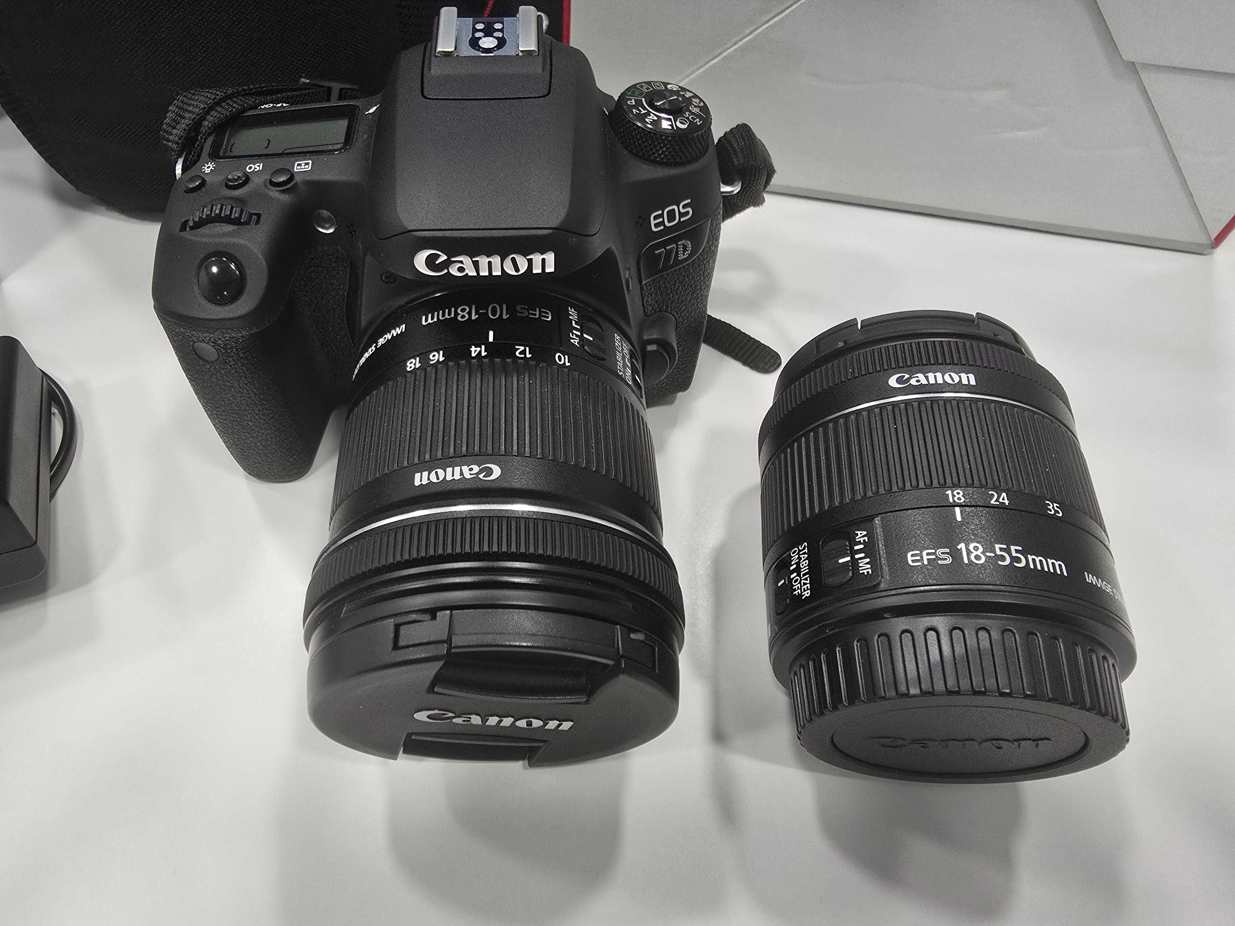 Canon EOS 77D com Lentes 10-18mm, 18-55mm e Bolsa – Excelente Estado!