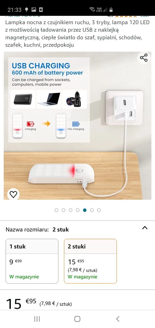 Lampka nocna z czujnikiem ruchu, 3 tryby, lampa 120 LED